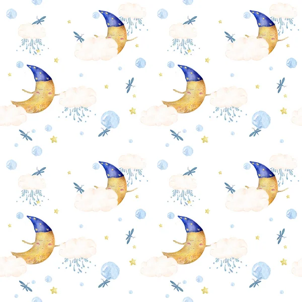 雲と蝶と面白い睡眠月。手描き水彩漫画イラスト白背景. — ストック写真