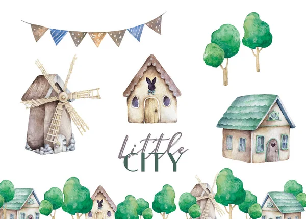 Farms little city set. Cute domestic pets watercolor illustration. horse and goose. pig design with goat. rooster chicken and sheep, cow — Stock Photo, Image