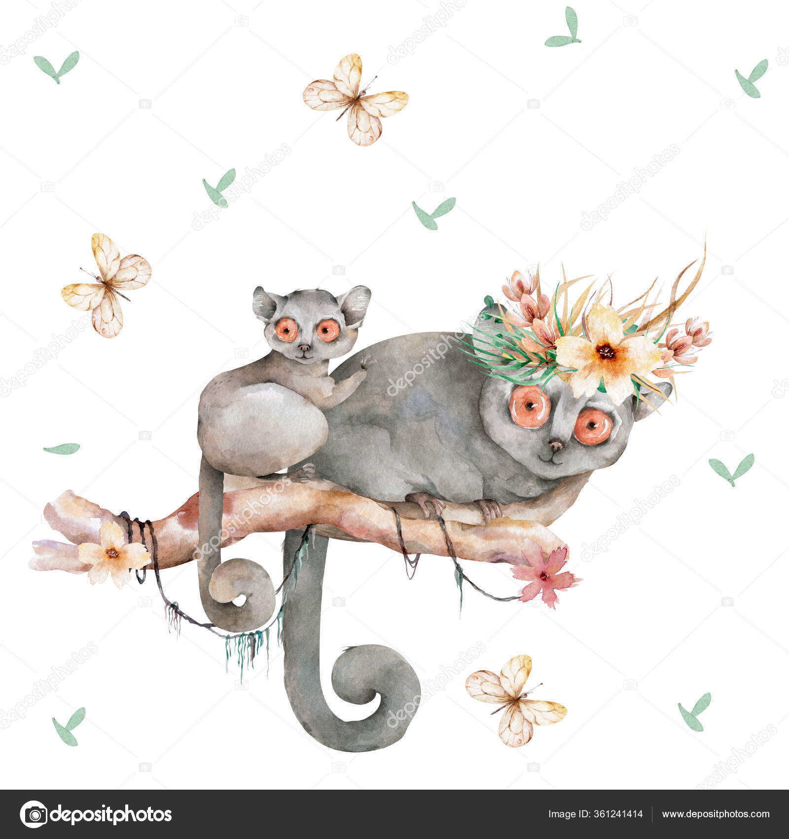 Baby Mouse Lemur Hand Drawn Cute Watercolor Cartoon Mouse Lemur On Tree With Jungle Leaves On White Background Stock Photo By C Arthouze