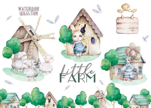 Boerderijen kleine stad set. Leuke huisdieren aquarel illustratie. Ganzenontwerp met konijn en schaap — Stockfoto