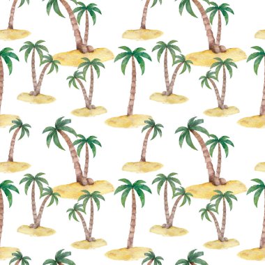 Kusursuz tropik palmiye deseni. Beyaz arkaplanda elle çizilmiş suluboya palmiye ağaçları.