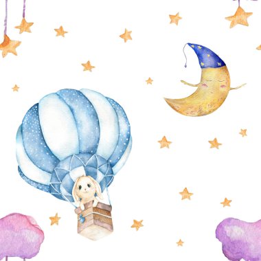 Mavi ve pembe bulutlu kusursuz desenli çocuklar ve polka noktalı gökyüzündeki yıldızlar.