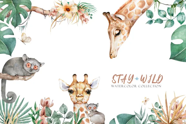 Ahoj Ilustrace Roztomilé Žirafy Tropických Listů Dětské Pozadí Úsměvem Kreslený — Stock fotografie