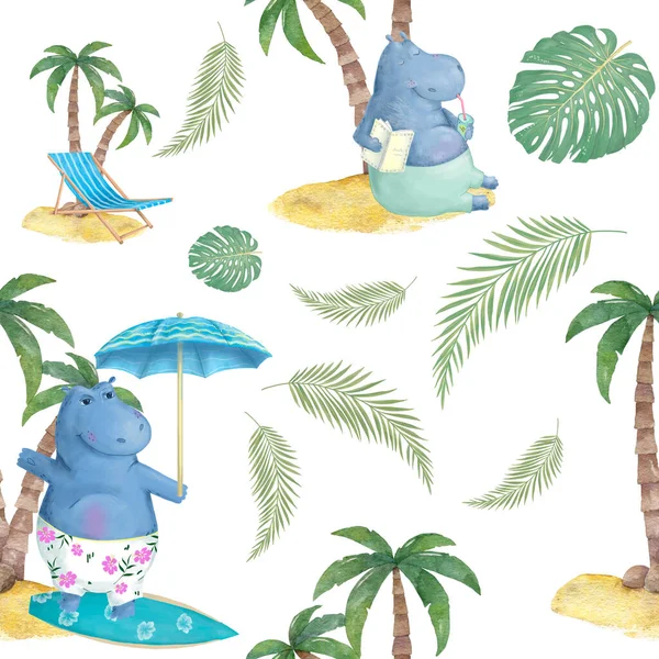 Ručně Kreslené Roztomilé Izolované Tropické Léto Akvarel Hroch Zvířata Hippopotamus — Stock fotografie