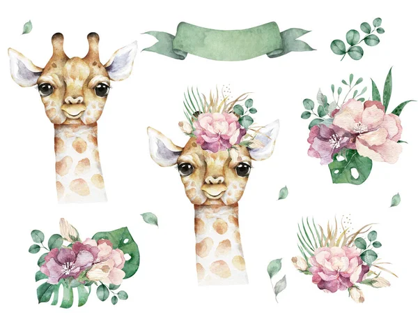 有长颈鹿的海报水彩画长颈鹿热带动物图解 充满异国情调的夏季设计 — 图库照片