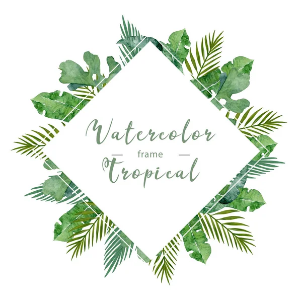 Moldura da selva aquarela com folhas de palma tropicais. ilustração desenhada à mão folha verde exótica com fundo. Bandeira horizontal triangular — Fotografia de Stock