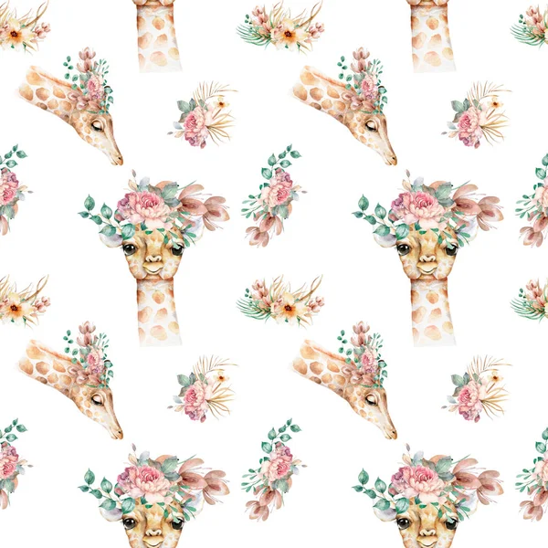 キリン入りのポスター 水彩漫画キリン熱帯動物イラスト ジャングルエキゾチックな夏のデザイン — ストック写真