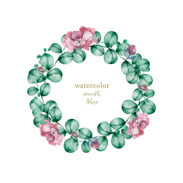 illustration of a beautiful floral wreath with spring flowers. Light pink and mint flowers.