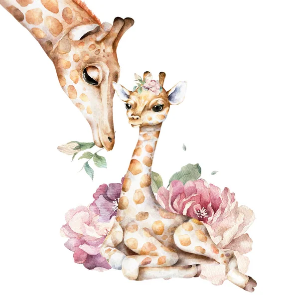 Plakat Żyrafą Akwarela Kreskówka Izolowane Żyrafa Tropikalne Zwierzę Ilustracji Jungle — Zdjęcie stockowe