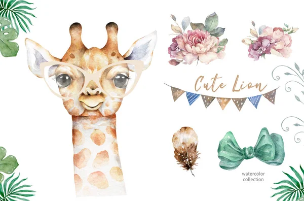 Poster Giraffe Watercolor Cartoon Giraffe Tropical Animal Illustration Jungle Exotic — Stock Photo, Image