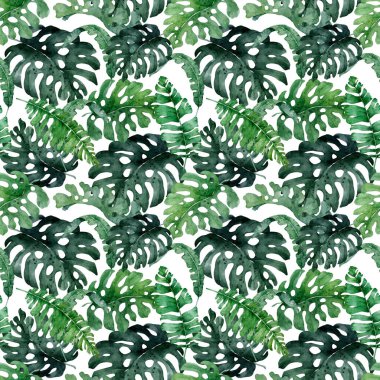 El yapımı suluboya tropikal set. Egzotik yapraklar, orman ağacı, Brezilya modası. Kumaş tasarımı için mükemmel. Aloha koleksiyonu.