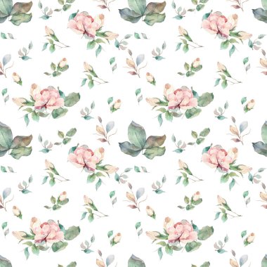 Kusursuz yeşil yaprak deseni. Beyaz arkaplanda elle çizilmiş zarif yapraklar