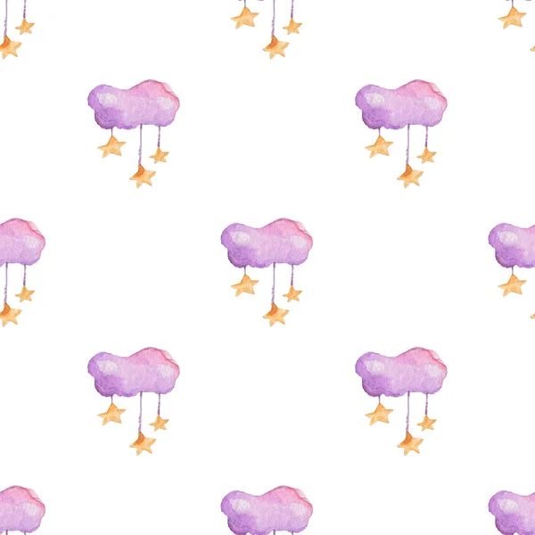 Дети бесшовный узор с розовыми облаками и звездами в небе на белом фоне. Ручная рисованная акварель — стоковое фото