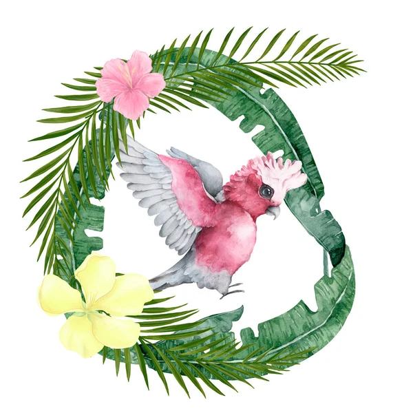 Armação exótica floral tropical com papagaio-da-cacatua rosa, folhas tropicais. Aquarela desenhada à mão isolada no fundo branco — Fotografia de Stock