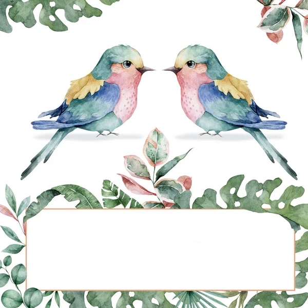 Piękny Kwiatowy Egzotyczny Ilustracja Papuga Tropikalny Liść Hibiskus Izolacja Białym — Zdjęcie stockowe