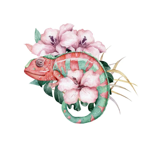 Chameleon Jaszczurka Tropikalnymi Kwiatami Ręcznie Rysowane Akwarela Pojedyncze Ilustracja Białe — Zdjęcie stockowe