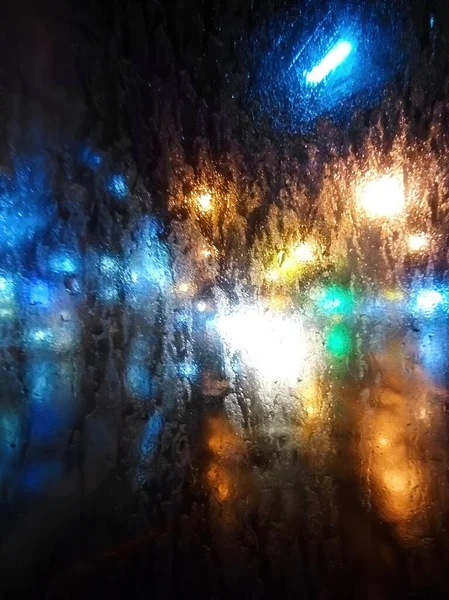 Jeu Sale Lumières Gouttes Pluie Sur Verre Poussiéreux — Photo