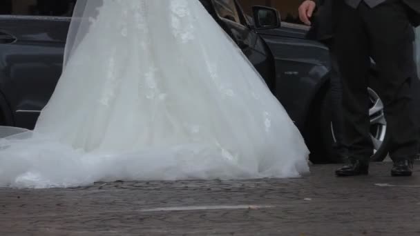 Новобрачные, стоящие на машине в городе — стоковое видео