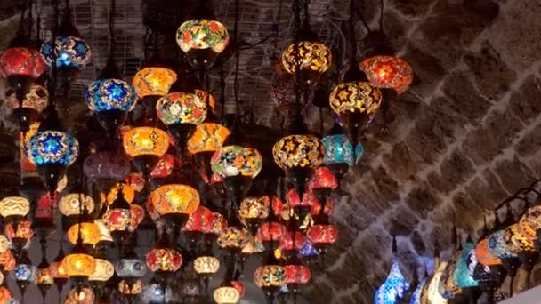 Zoom Many Colourful Colorful Arabic Style Lights Hanging Stone Ceiling — Stock Video