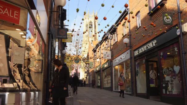 ニューヨーク イギリス イングランド イギリス 2017 晴れた日にニューヨーク市内中心部中心街ではクリスマス セールのつまらないもので飾られました ジュエリー ショップの顧客セールス アドバイザーや顧問との協議 — ストック動画
