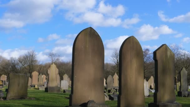 Nahaufnahme Von Drei Grabsteinen Auf Einem Alten Englischen Friedhof Einem — Stockvideo