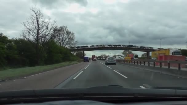 イギリス イングランド イギリス 2018 デュアル運送の車のフロント ガラスとパネル表示方法またはハイウェー 農場の動物の群れの牛 車の上の橋を歩くことによって多車線道路を横断 — ストック動画
