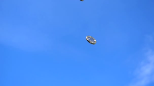 British Pound Coins Spinning Falling Sky Slow Motion — Stock Video