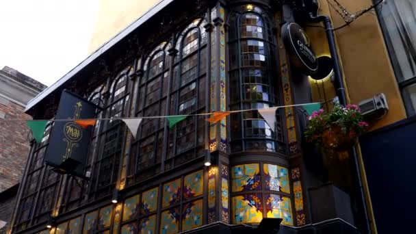 ダブリン アイルランド 2019 ダブリン旧市街のMulliganとHaynesパブの外壁に美しいステンドグラスの芸術を示す傾斜ダウンショット — ストック動画