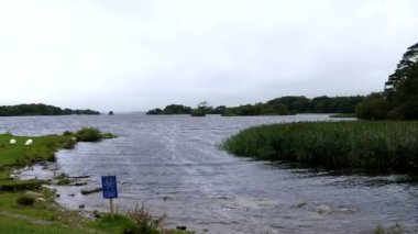 Killarney kasabası, İrlanda 'daki göl kenarındaki eski kaleyi ziyaret eden turistlerin arka manzarası.