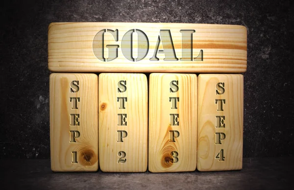 Goal - wood blocks with letters. Big wooden blocks with words. Text on wooden blocks on dark grey background.