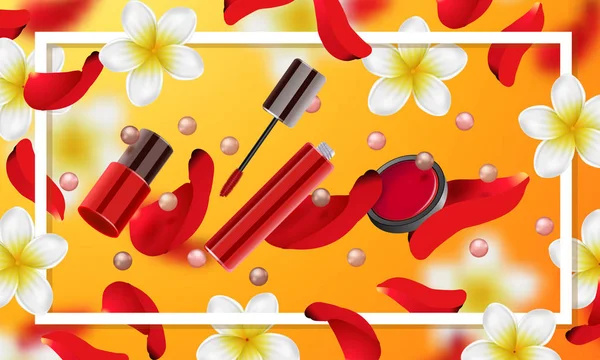 Cosméticos decorativos componen accesorios tienda de belleza. Fondo de verano o primavera con flores tropicales y pétalos de rosa — Vector de stock