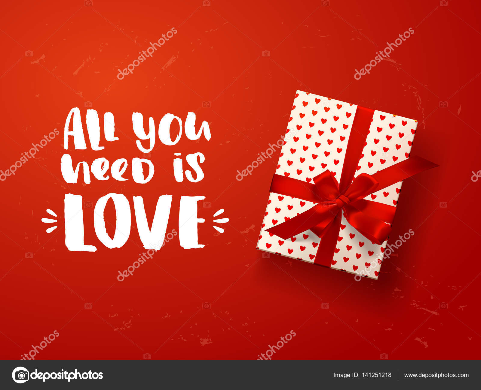 Contenitore di regalo di vettore di colore con cuori fiocchi e nastri su colore rosso Disegnato a mano calligrafia lettering tutto ci² che serve ¨ amore