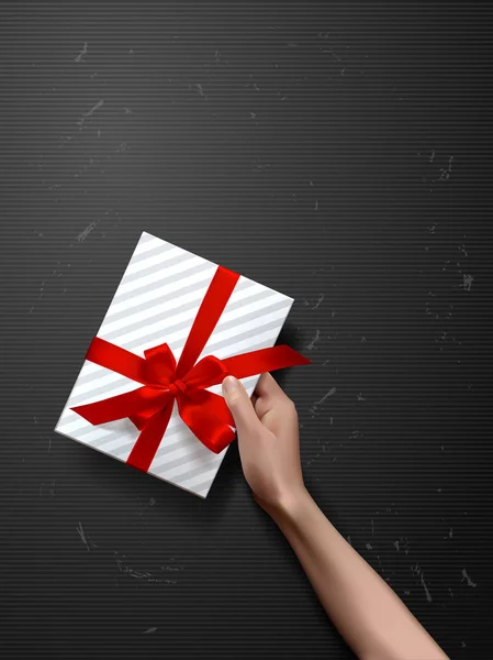 Manos vectoriales sosteniendo regalo en la mano. frontera de San Valentín Diseño de tarjetas con lazo y cintas — Vector de stock