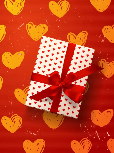 Boîte cadeau vectoriel, noeuds et rubans sur fond rouge. carte de Saint-Valentin — Image vectorielle