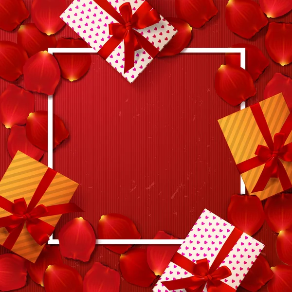 Sevgililer kartı tasarımı kırmızı gül yaprakları ile sınır. Renk vektör hediye kutusu, yay ve şeritler — Stok Vektör