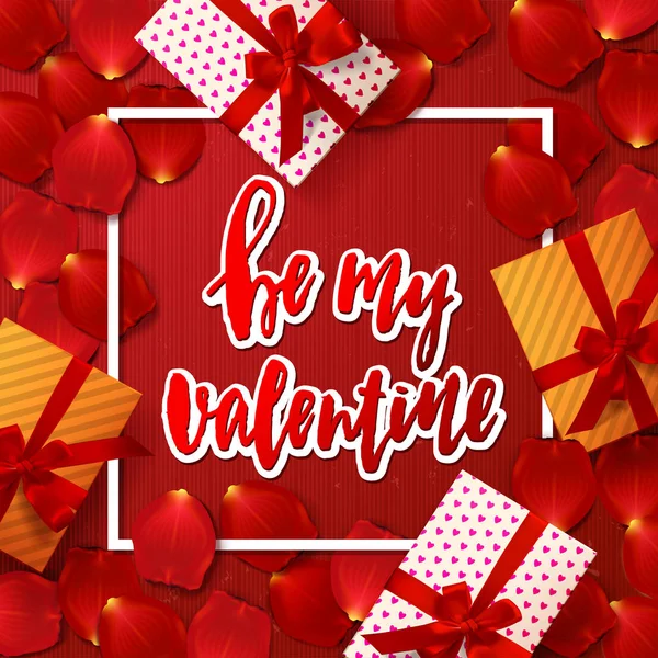 Valentinskartendesign mit roten Rosenblättern. trendiges Plakat mit handgeschriebenen Schriftzügen. Handgezeichnete Kalligraphie sei mein Valentinstag — Stockvektor