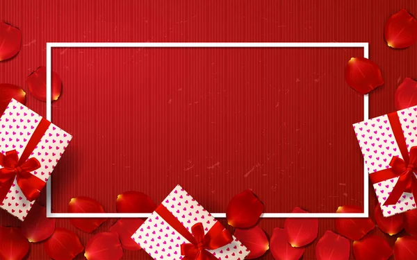Конструкция валентинки с красными лепестками роз. Цветные векторные подарочные коробки, луки и ленты — стоковый вектор