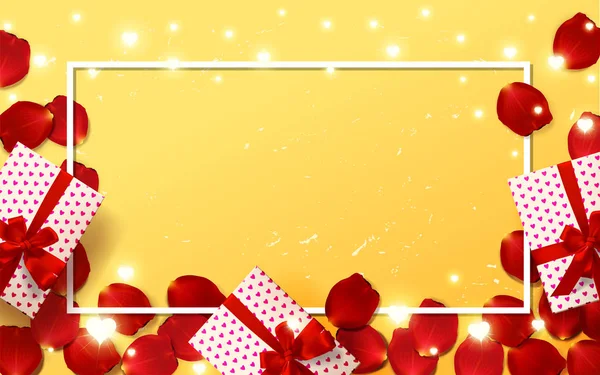 Bordure de la Saint-Valentin Design de carte avec pétales de rose rouge. Boîte cadeau vectoriel couleur, noeuds et rubans — Image vectorielle