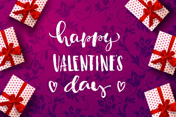 Doos van de gift van de vector van kleur, strikken en linten. Hand getrokken kalligrafie belettering Happy Valentine's Day — Stockvector