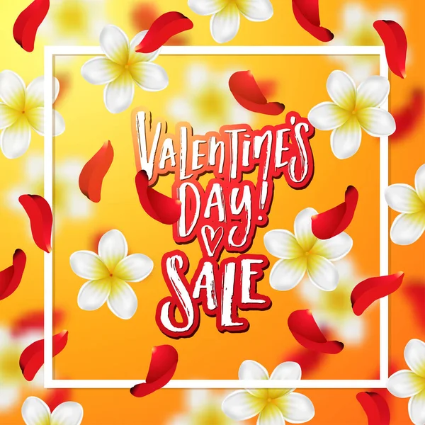 Summer  or spring background with tropical flowers and rose petals . Hand drawn calligraphy "valentines day SALE" — Stock Vector