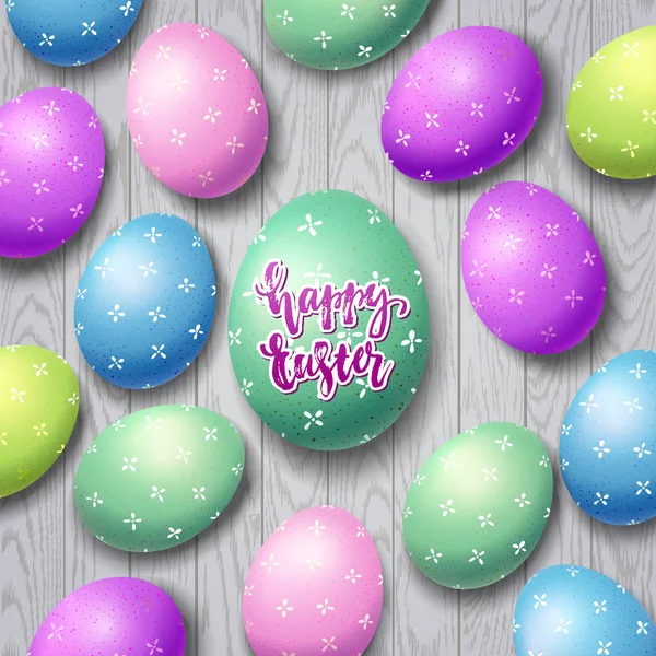 Fondo colorido huevos de Pascua. Caligrafía dibujada a mano "Feliz Pascua " — Vector de stock