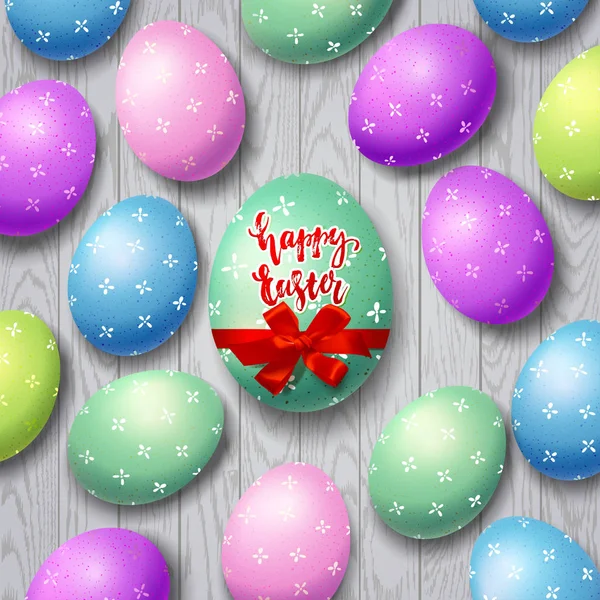 Fondo colorido huevos de Pascua. Caligrafía dibujada a mano "Feliz Pascua " — Vector de stock