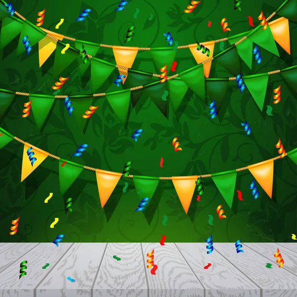 Poster met goud en groen, roze feestelijke vlaggen en confetti. Uitnodiging voor feestje — Stockvector