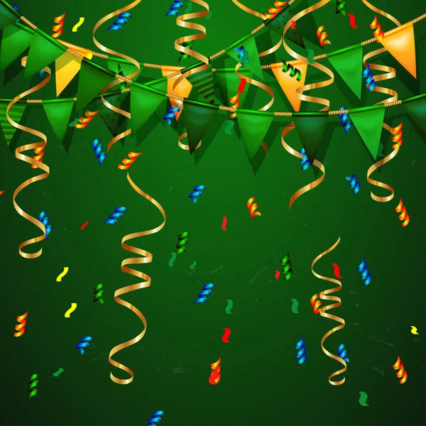 Cartel con banderas de oro y verde, rosa festivo y confeti. Invitación fiesta — Archivo Imágenes Vectoriales