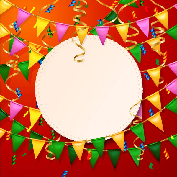 Cartel con banderas de oro y verde, rosa festivo y confeti. Invitación fiesta — Archivo Imágenes Vectoriales