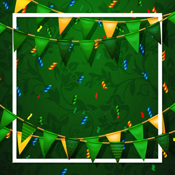 Плакат із золотими та зеленими, рожевими святковими прапорами та конфетті. Запрошення вечірки — стоковий вектор