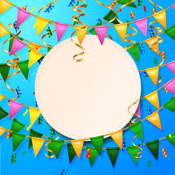 Cartel con banderas de oro y verde, rosa festivo y confeti. Invitación fiesta — Vector de stock