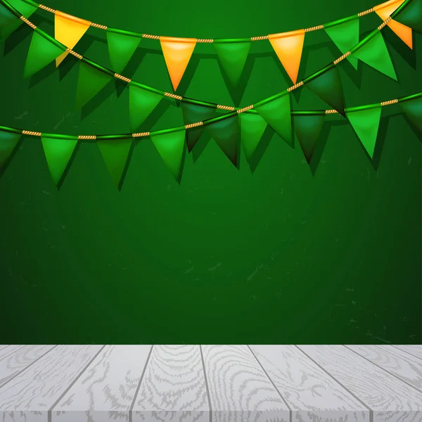 Cartel con banderas de oro y verde, rosa festivo y confeti. Invitación fiesta — Vector de stock