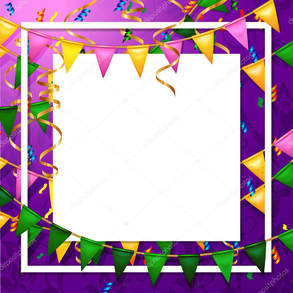 poster with gold and green, pink festive  flags and confetti .  Party invitation