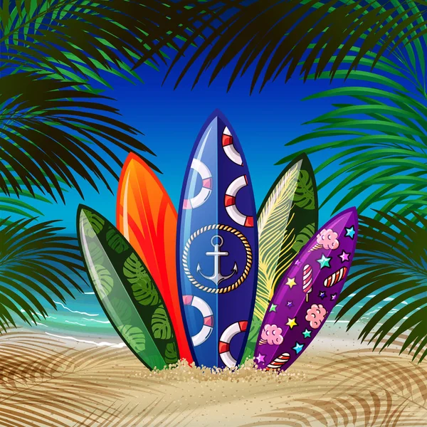 Planches de surf sur plage de sable fin — Image vectorielle